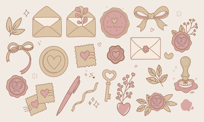 Aesthetic Love Letter Clipart Set featuring envelopes, wax seals, roses, leaves, pens, hearts, and decorative elements