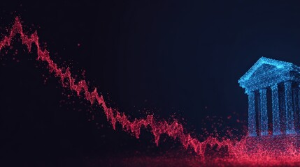 An ominous downward trend symbolized by a plummeting stock market graph casting a shadow over a stylized representation of a grand building. ..Created with Generative AI, not depicting real subjects.