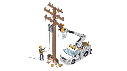 Isometric illustration of electrical line workers installing power cables on utility pole with fast service vehicle and equipment on white background