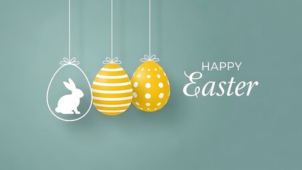 Easter sunday happy easter with hanging easter eggs and a bunny on a light blue background for easter celebration