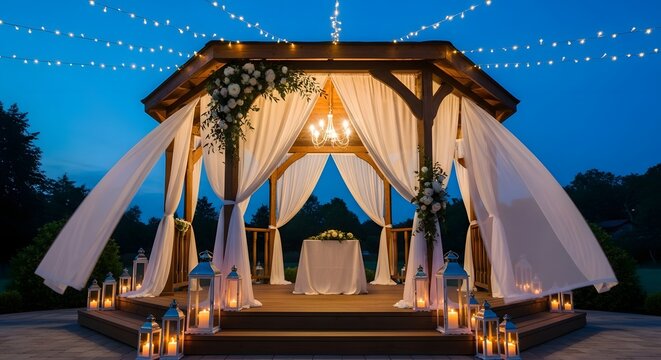 Romantic outdoor wedding gazebo decorated with white drapery and lights
