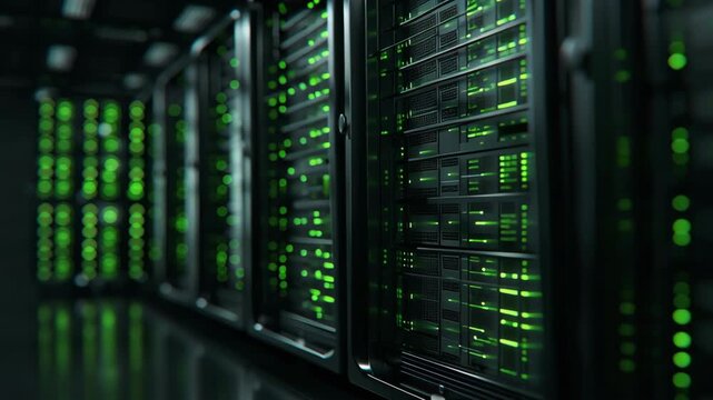 Sustainability transformation with cloud services concept. Server racks in a data center with a green leaf symbol, representing eco-friendly technology.