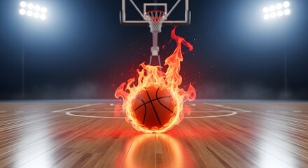 Flaming basketball on a wooden court under bright stadium lights