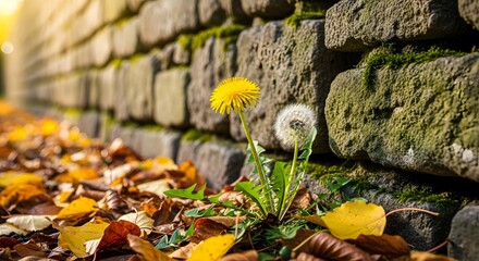 Dandelion flower and seed head growing by a mossy stone wall in autumn