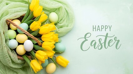 Easter sunday  a basket filled with yellow tulips and pastel colored easter eggs with happy easter text on light green