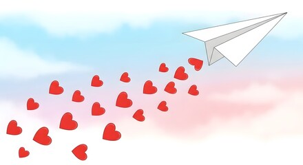Paper airplane flying through a sky leaving a trail of red hearts
