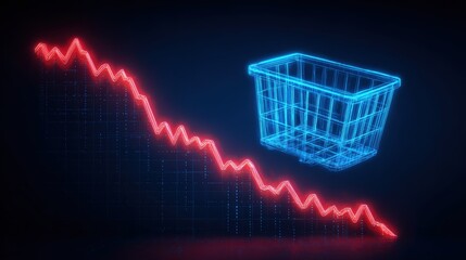 A visual representation of economic downturn and consumer decline with red line graph and a shopping cart outline.  ..Created with Generative AI, not depicting real subjects.