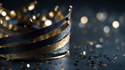 A festive crown made of metallic ribbons placed on glossy black surface surrounded by scattered sequins Professional lighting