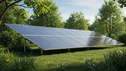 Ground mounted solar panel array shines brightly in a lush green field surrounded by vibrant summer trees under blue sky