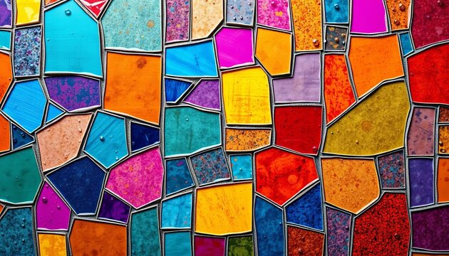 Abstract seamless pattern of broken tile fragments in vibrant colors forming a mosaic,  mosaic,  crack