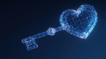 A digital key, shaped like a heart, floats in a deep blue void, symbolizing security and opening new possibilities. The key embodies love. ..Created with Generative AI, not depicting real subjects.