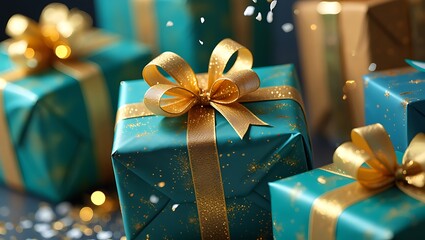 Luxury Teal and Gold Gift Boxes with Ribbon Bows for Holiday or Special Occasion