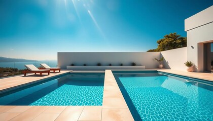 Fototapeta premium Clean lines, geometric pool, minimalist terrace, sun-drenched serenity, deck, resort