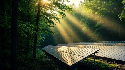 Solar panels installed in a lush green forest capture brilliant sun rays symbolizing clean renewable energy production and nature integration