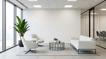 Modern minimalist office interior with white furniture and large windows