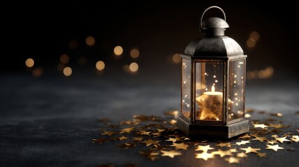 A lantern centerpiece rests on a dark surface with metallic confetti stars arranged precisely around its base Gentle