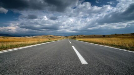 Naklejka premium A straight paved highway cuts through wild golden grasslands under clear blue skies,