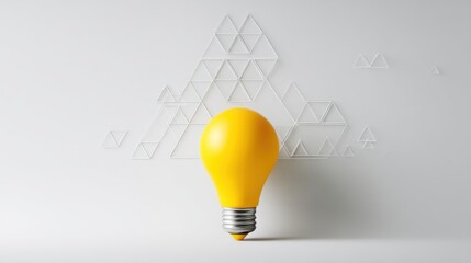 A bright yellow light bulb with a grey screw fitting stands against a plain white background,