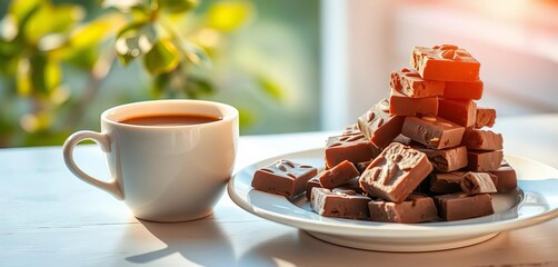 Morning light illuminates a steaming cup of coffee beside a white plate piled high with chocolate pieces, brown, tasty