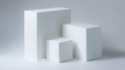 A cube-shaped object made of three white blocks varies notably in scale,