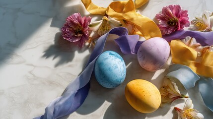 A marble surface adorned with delicately painted eggs vibrant ribbons and floral accents representing seasonal renewal Accurate lighting