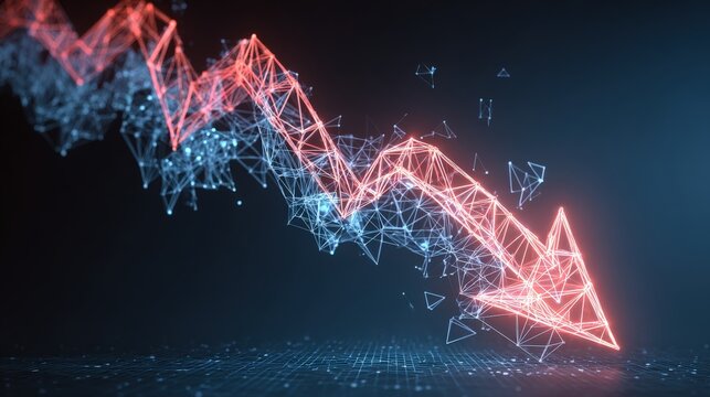 A visual representation of an economic downturn. A downward-pointing arrow, constructed from glowing red lines and digital elements. ..Created with Generative AI, not depicting real subjects.