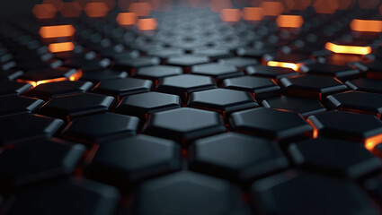 Obraz premium Dark matte industrial background with hexagon grid and orange light. Modern geometric technology pattern and 3D honeycomb structure
