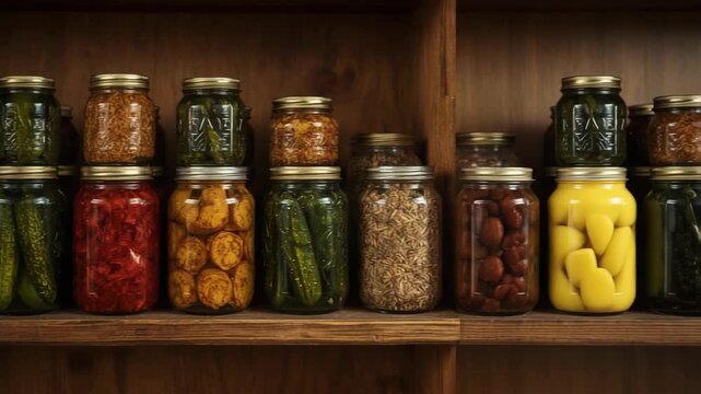 Assortment of homemade preserved vegetables in glass jars stored on rustic wooden shelves. Fermented food collection including cucumbers and peppers in a pantry.