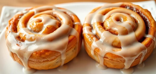 Two glazed cinnamon buns, golden brown swirls, sweet icing,  delicious food,  bakery
