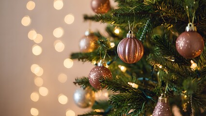 Blush Pink and Rose Gold Ornaments on Christmas Tree with Warm Fairy Lights