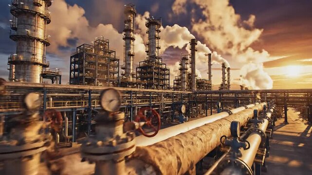 Sunset-lit oil refineries with dense piping, weathered platforms, towering smokestacks, amber light