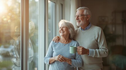 A joyful elderly couple shares a warm moment by the window, enjoying their time together with a cup of coffee as sunlight streams in.