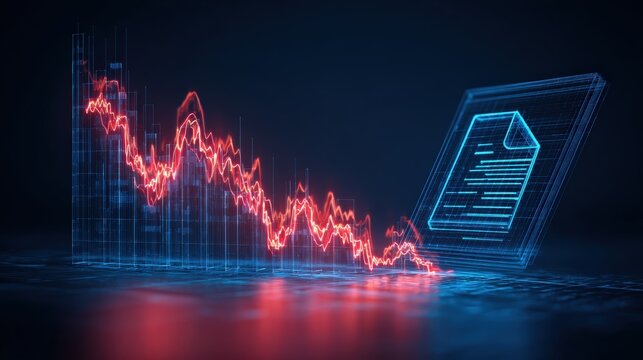 A digital rendering captures the decline of data, reflecting financial setbacks or economic downturns. ..Created with Generative AI, not depicting real subjects.