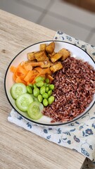 Healthy Plate: Tofu, Rice, Edamame, and Vegetables