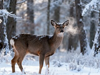 an AI-generated series of high-resolution images capturing white-tailed and mule deer in various poses across a stunning, snow-covered forest, highlighting their visible breath in the extremely cold