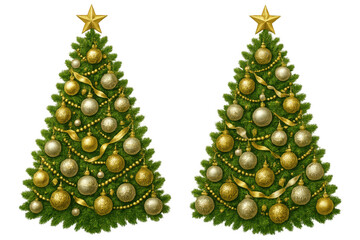 Christmas trees decorated with gold star, shimmering gold and silver baubles ornament, festive holiday season concept