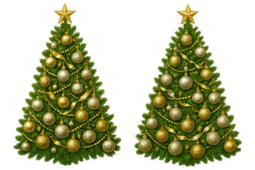 Christmas trees decorated with gold star, shimmering gold and silver baubles ornament, festive holiday season concept