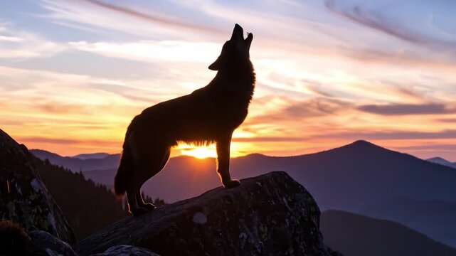 Silhouette of a lone wolf howling on a mountain peak at sunset
