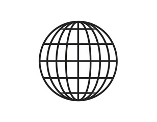 A simple, black-and-white illustration depicting a globe. Grid lines representing continents