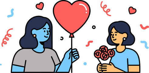 Two Women Celebrating Love with Heart Balloon and Flowers