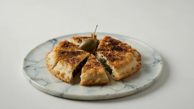 Homemade savory galette or pie filled with spinach and cheese, cut into slices and served on a white marble plate.