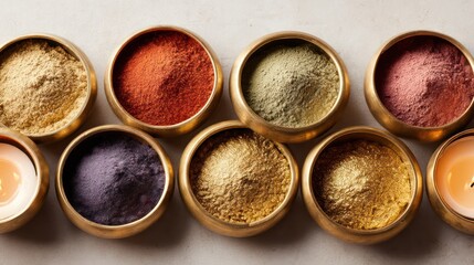 Flat lay arrangement of decorative brass bowls filled with powdered pigments surrounded by candles pigment grain is with