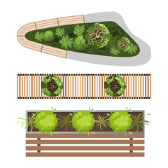 A detailed illustration of a garden landscape design with various plants and wooden fences on