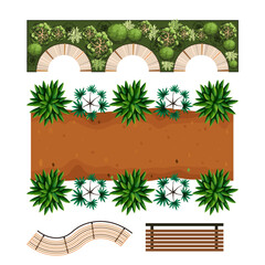 Garden design elements including plants, arches, pathway, and bench on for landscaping