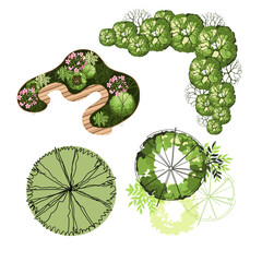 A set of four different green garden and park landscape design plans