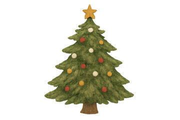 Felt christmas tree with star and colorful ornaments for holiday season, celebration, and winter decoration on transparent background