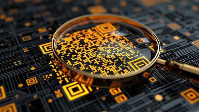 Magnifying glass showing digital screen concept with QR code on a circuit-like background.