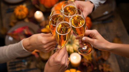 Group Toasting Champagne Flutes at a Festive Autumn or Thanksgiving Dinner Party