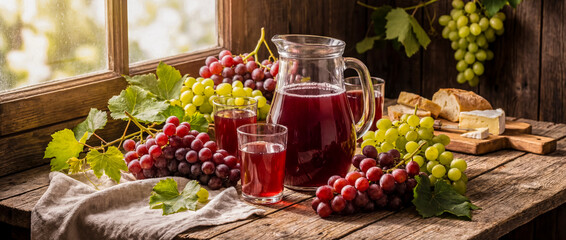 Rustic still life with a pitcher of fresh grape juice, red and green grapes, bread, and cheese on a vintage wooden table next to a window. A cozy, natural, and healthy harvest scene.