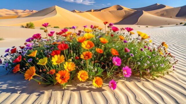 Desert Bloom: Vibrant Flowers Thriving in Arid Sands Under a Clear Blue Sky